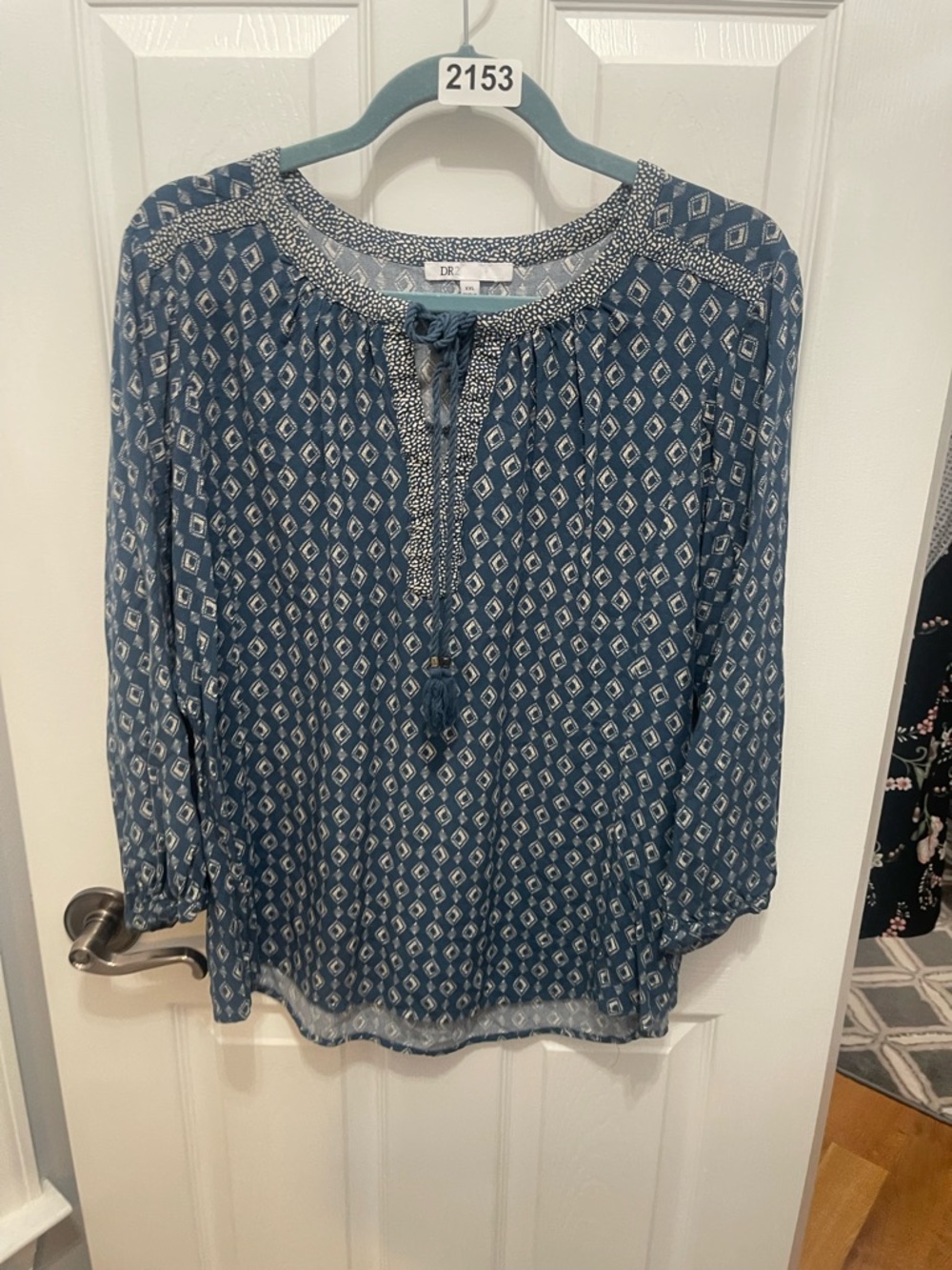 DR2 Indigo Blue Geometric Tassel Peasant Blouse